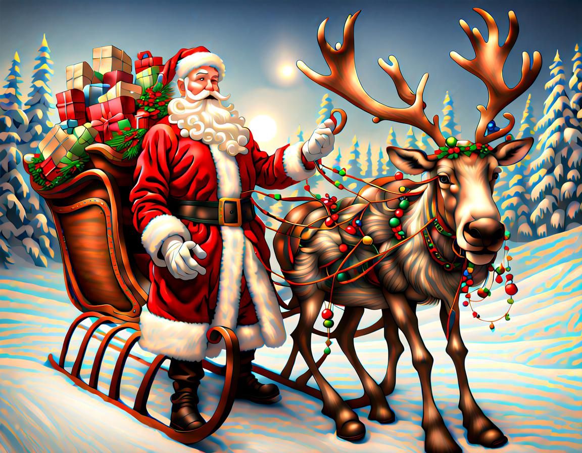 Santa Claus with his Reindeer and Sleigh - AI Generated Artwork ...