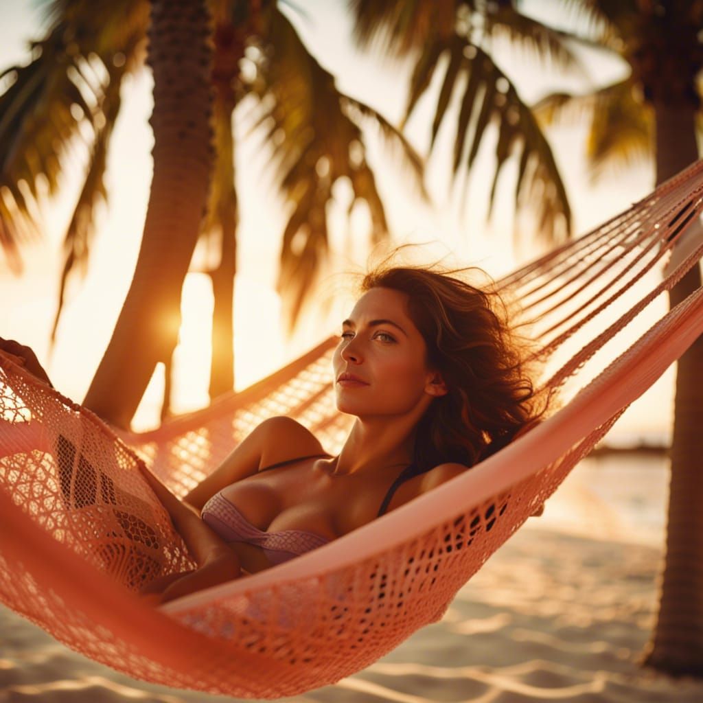 Bikini woman in a hammock stretched between palm trees at the beach