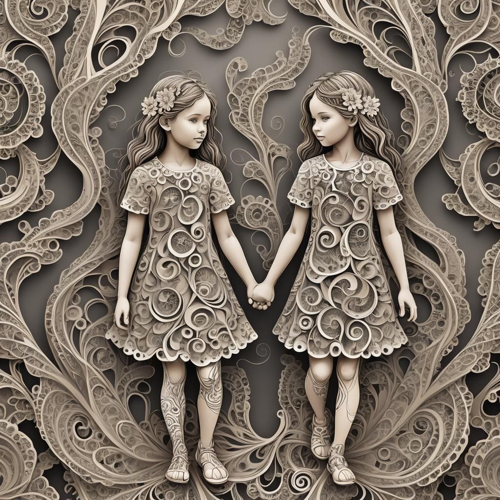 Twin girls holding hands and looking at the camera. Full len...