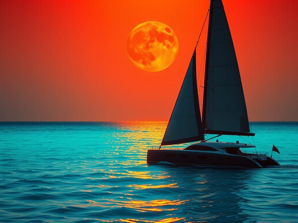 A large blood red moon over a calm tropical sea. A silhouette sail yacht is in the foreground.  by @BTMO