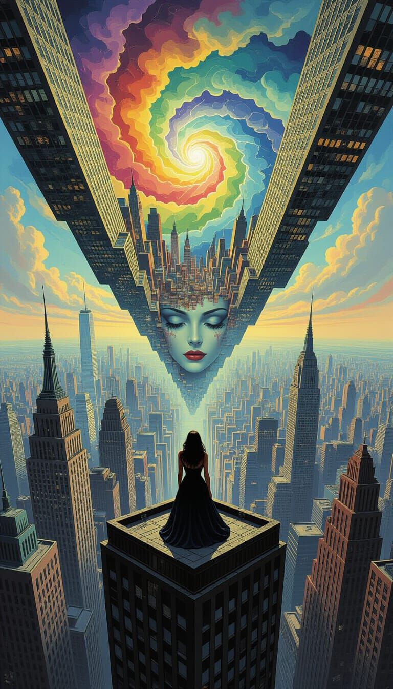 Picture a cityscape where the buildings are warped and distorted, stretching into the sky at impossible angles. The perspective is skewed, c...