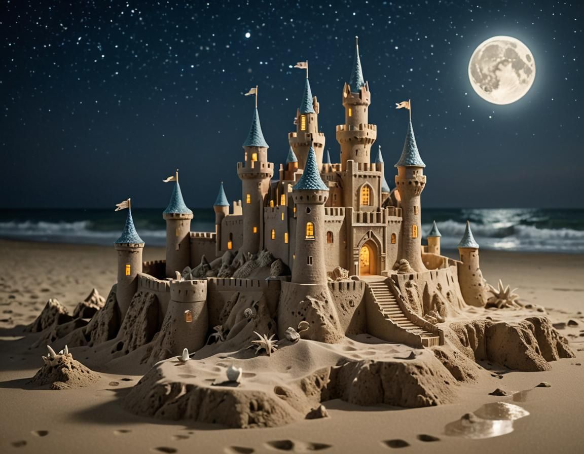 A moonlit sandcastle sparkling under the light of the stars. Tiny sculptures of sea creatures guard the castle. Waves gently crash against t...
