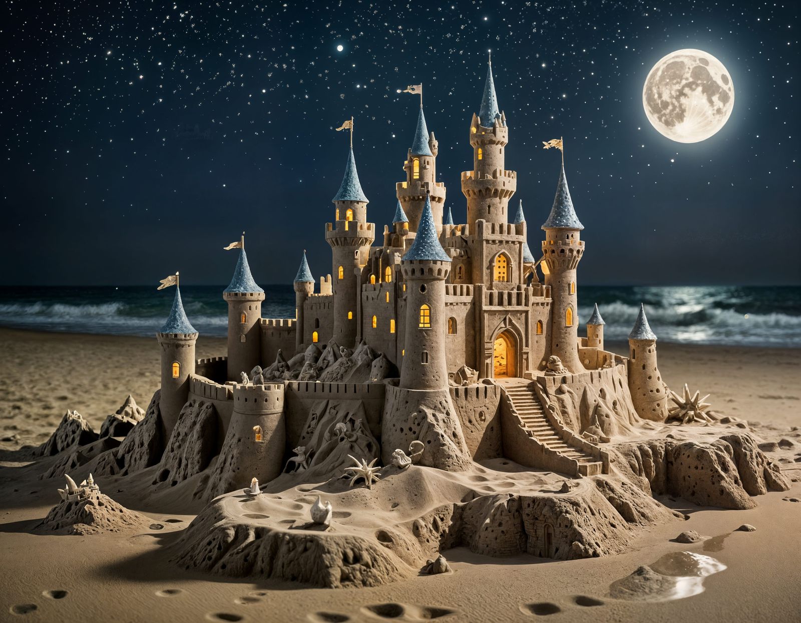 A moonlit sandcastle sparkling under the light of the stars. Tiny sculptures of sea creatures guard the ...  by @ZoinMihailo