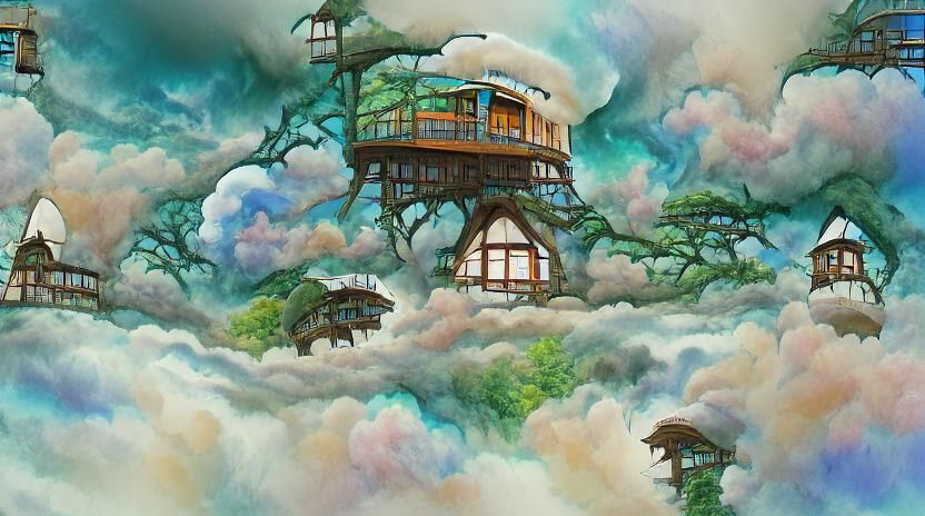 Treehouse above the clouds studio ghibli inspired fantasy