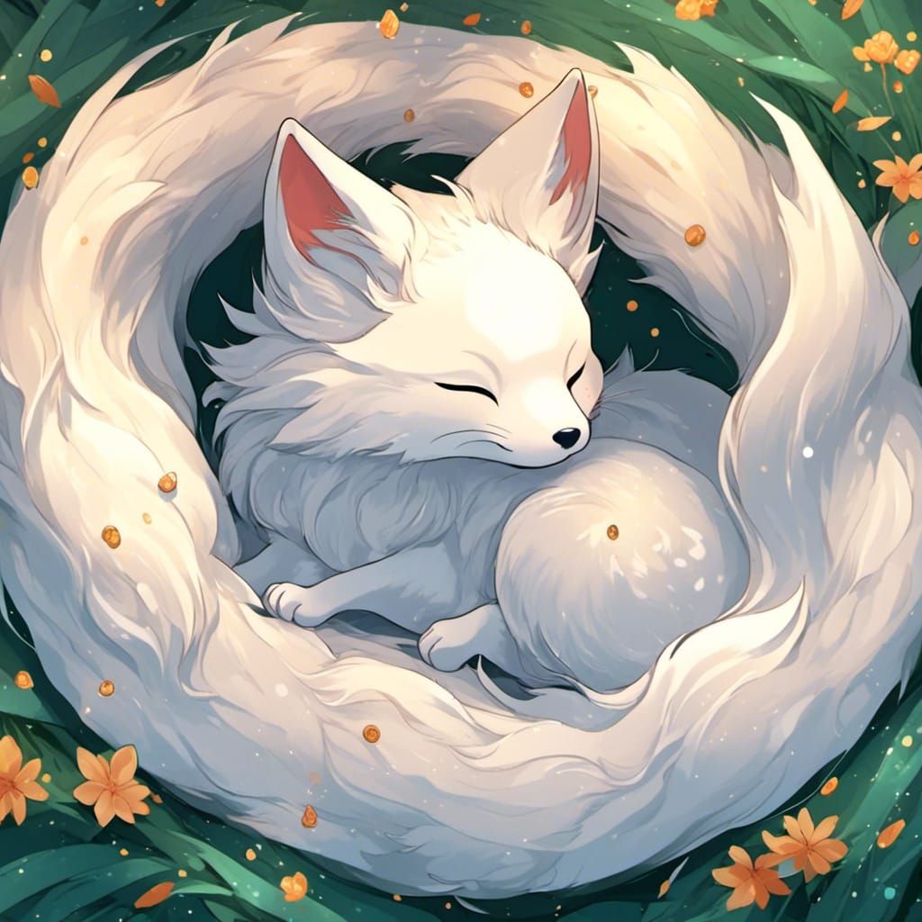 <lora:eye:1.0> Adorable kitsune curled up napping