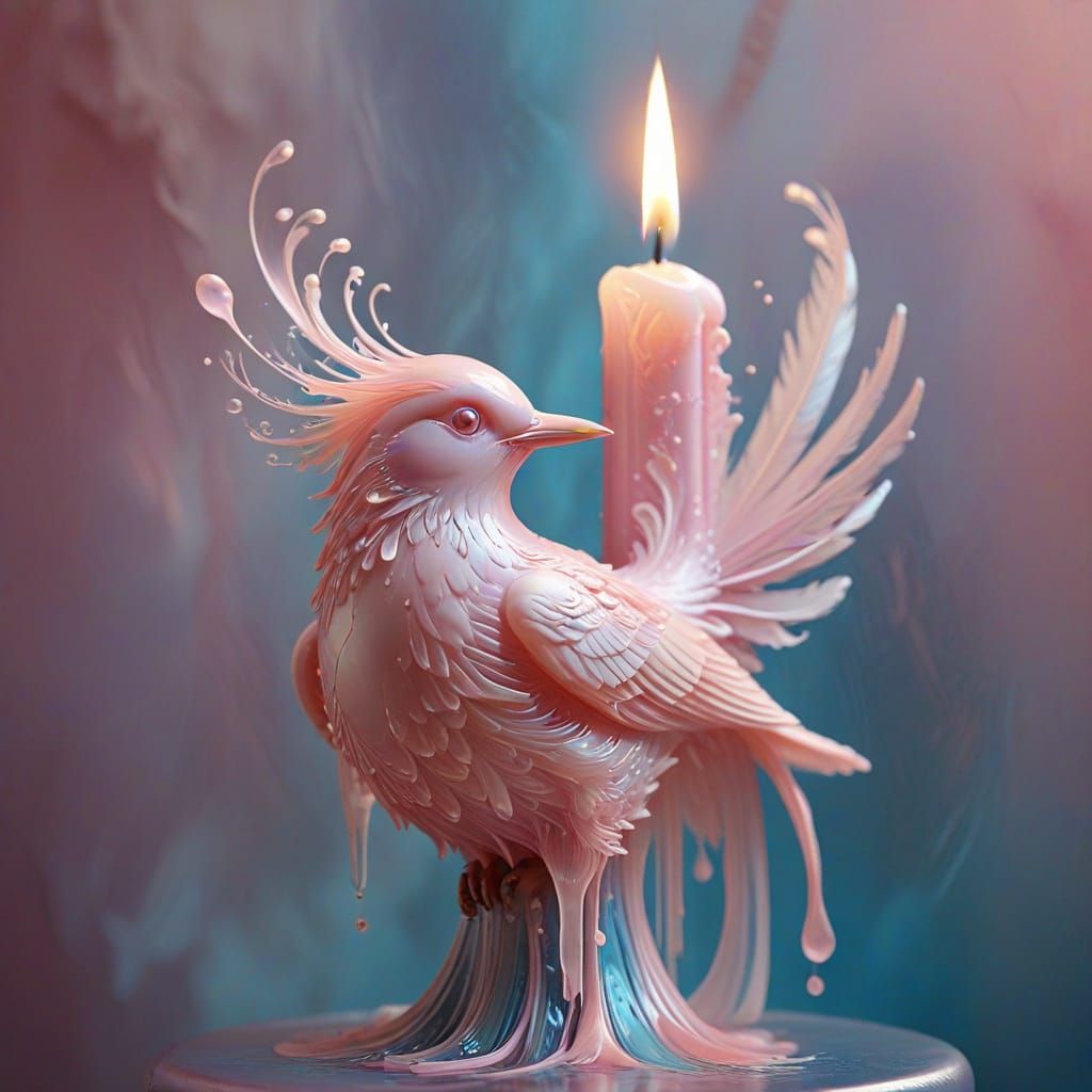 Candle melts into a bird of paradise emerging from the flow. 