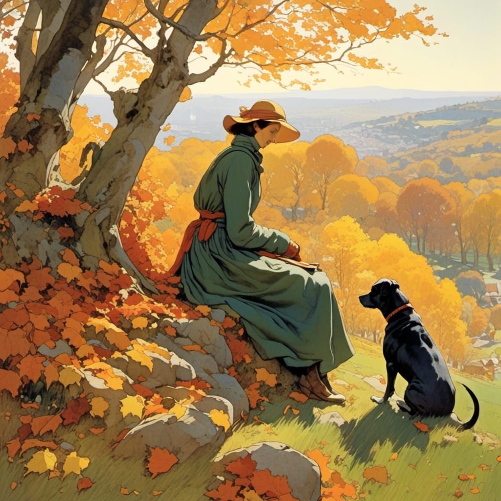 <lora:MObius:1.0> A woman and her dog sit in an autumnal paradise enjoying the fresh, crisp air
