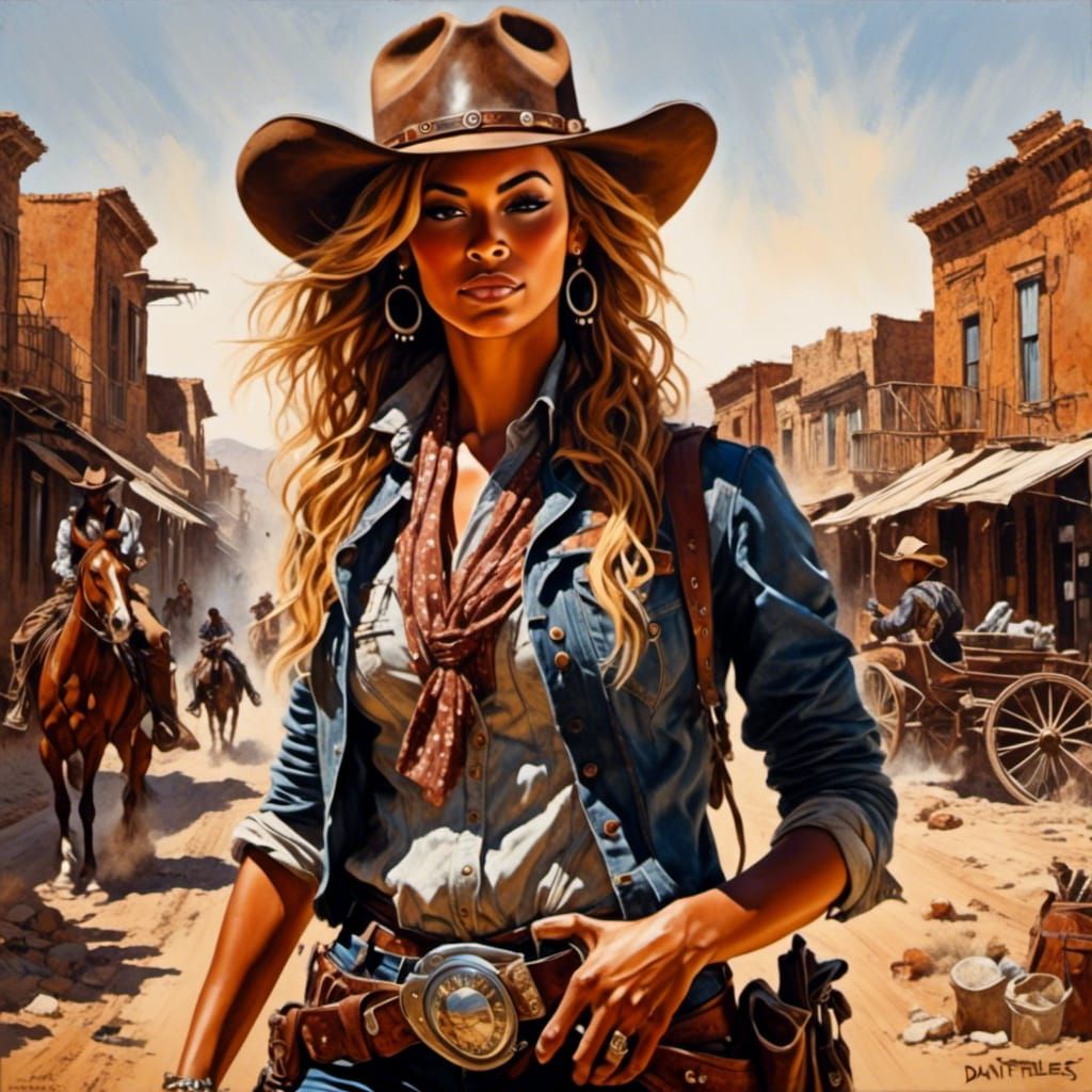 Head and shoulders portrait of gunfighter Beyonce on a dusty...