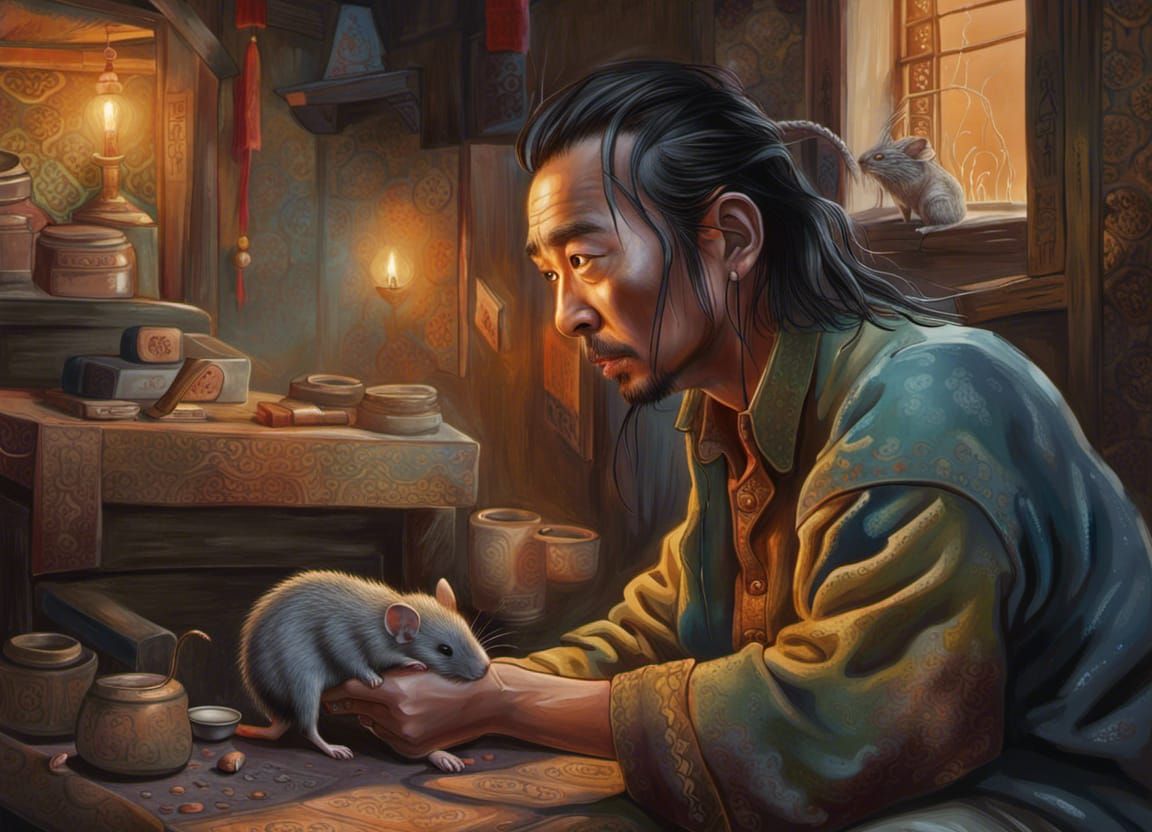 a young homeless ancient Chinese man in an old house with one rat, vibrant, intricate detailed, beautiful composition 