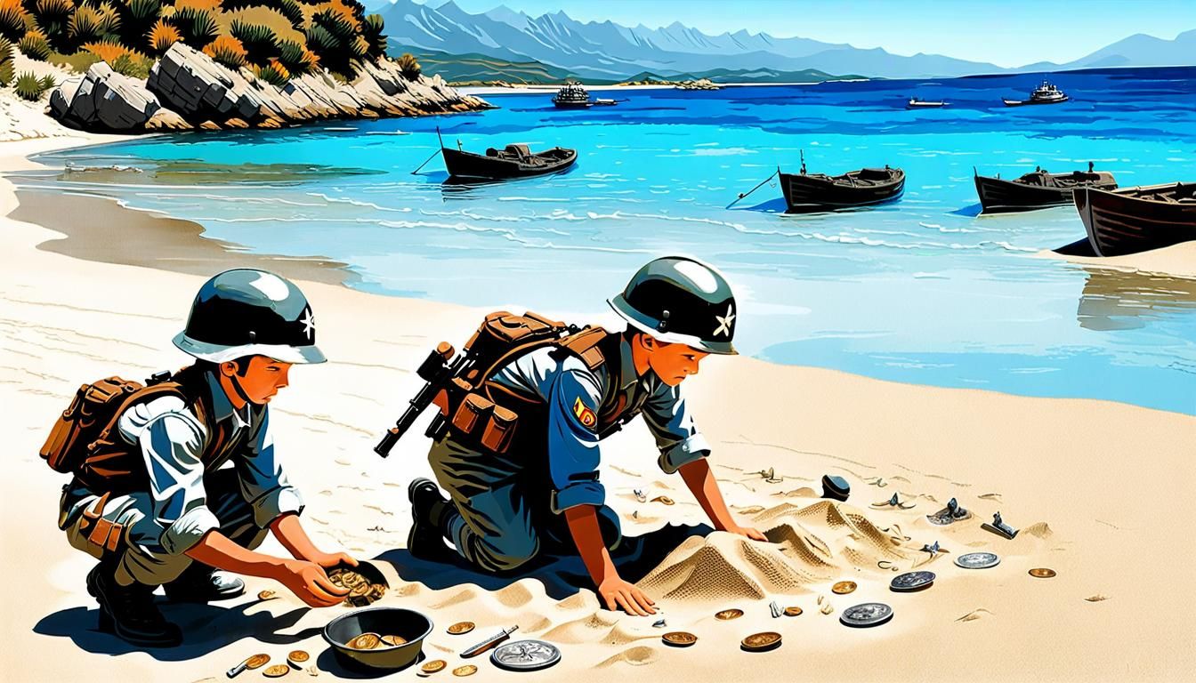 kids with hands in sand, looking ashore, facing away, explor...