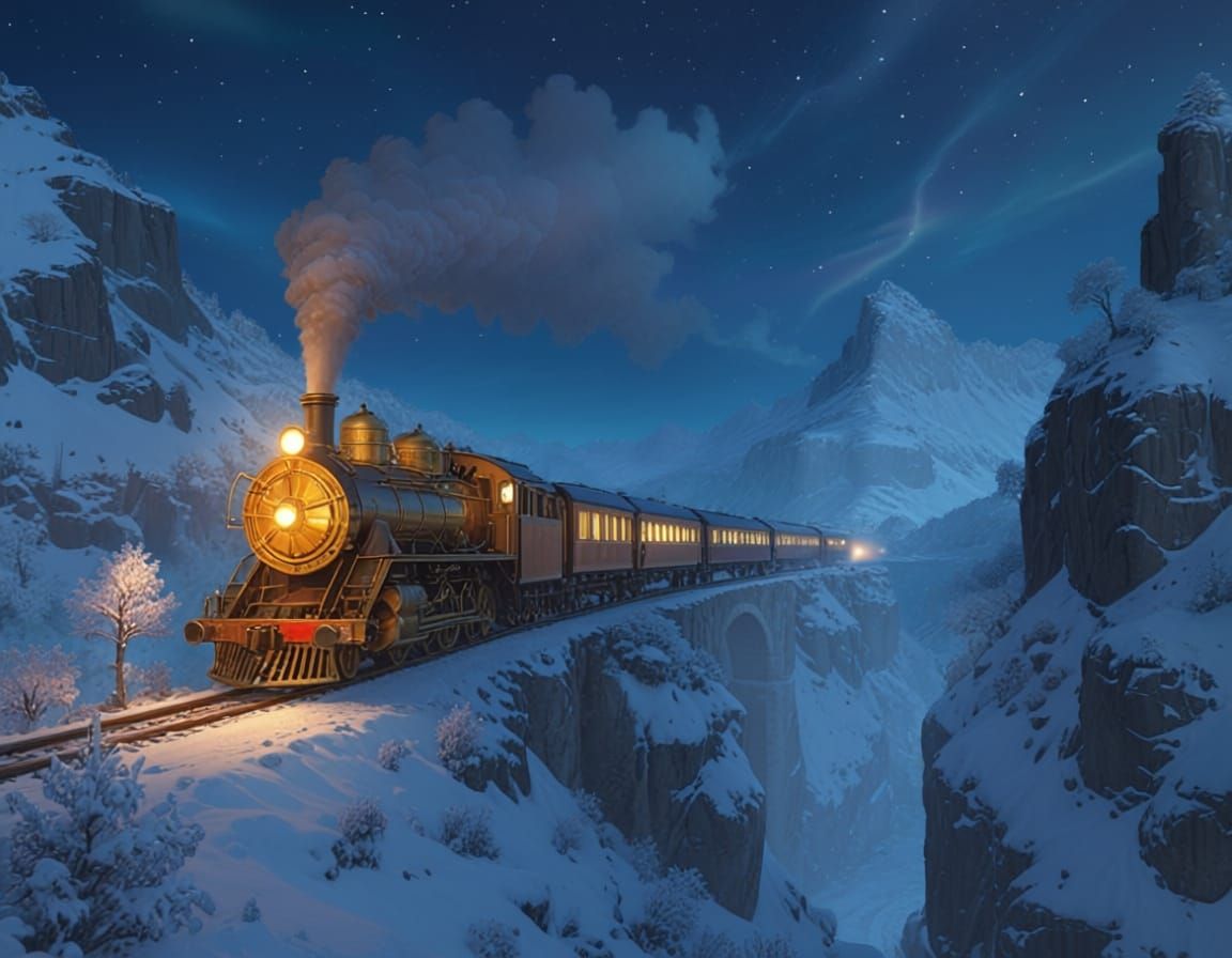 A shimmering golden steam train winds its way along a narrow track perched high on a dazzling, snow-covered cliff. The engine gleams like mo...