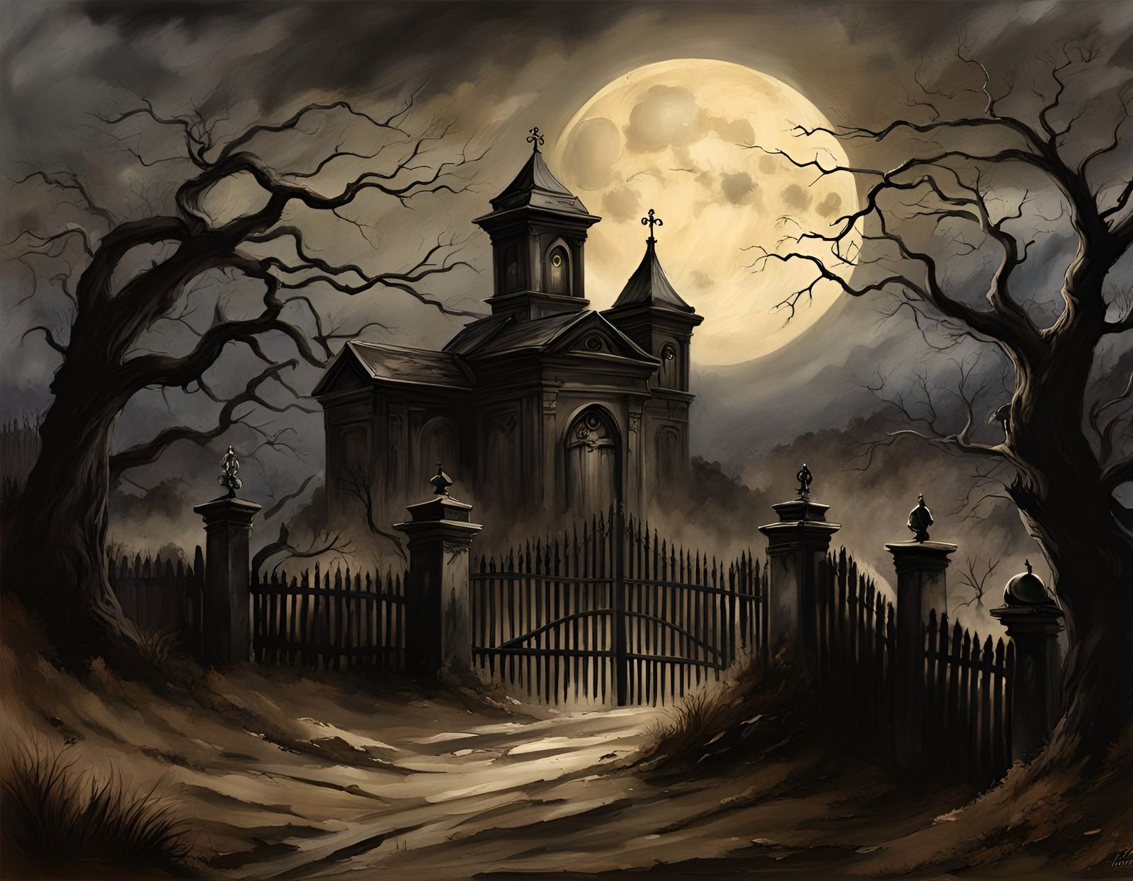 Creepy old mortuary/ cemetery on a hill, dystopian, broken fences and broken gate, withering trees, moon ...  by @JACK ANDREASEN