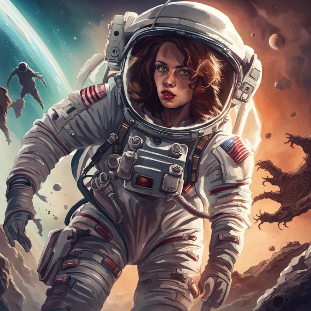 Amazing female astronaut, fighting zombies in outer space - AI ...