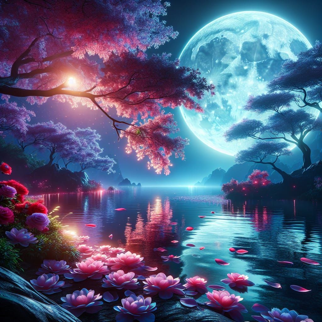 Create a surreal image of a mystical night scene where the full moon illuminates trees and vibrant flowers ...  by @Jose Eduardo Cruz
