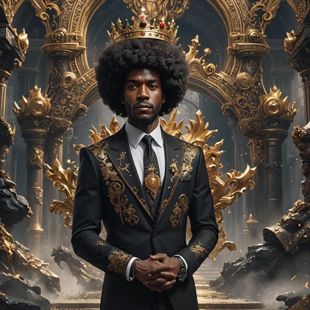 Black man with Afro wearing black suit with king crown