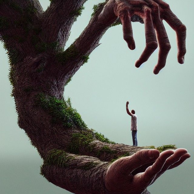 ""Tree coming out of the palm of a human hand" by Greg Rutko...
