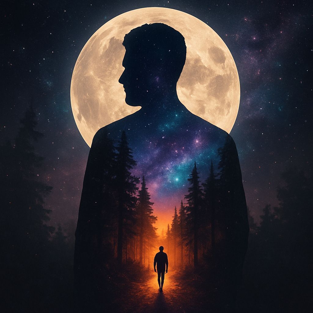 Surreal Double Exposure: Man, Forest, and Cosmos