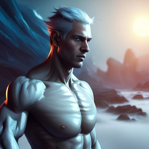 Handsome and muscular young air elemental with light grey sk...