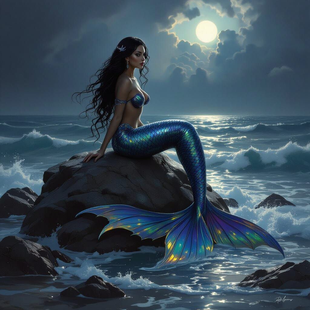 Beautiful mermaid gazes at glowing crystal lighthouse during fierce tempest  - Start Image 2