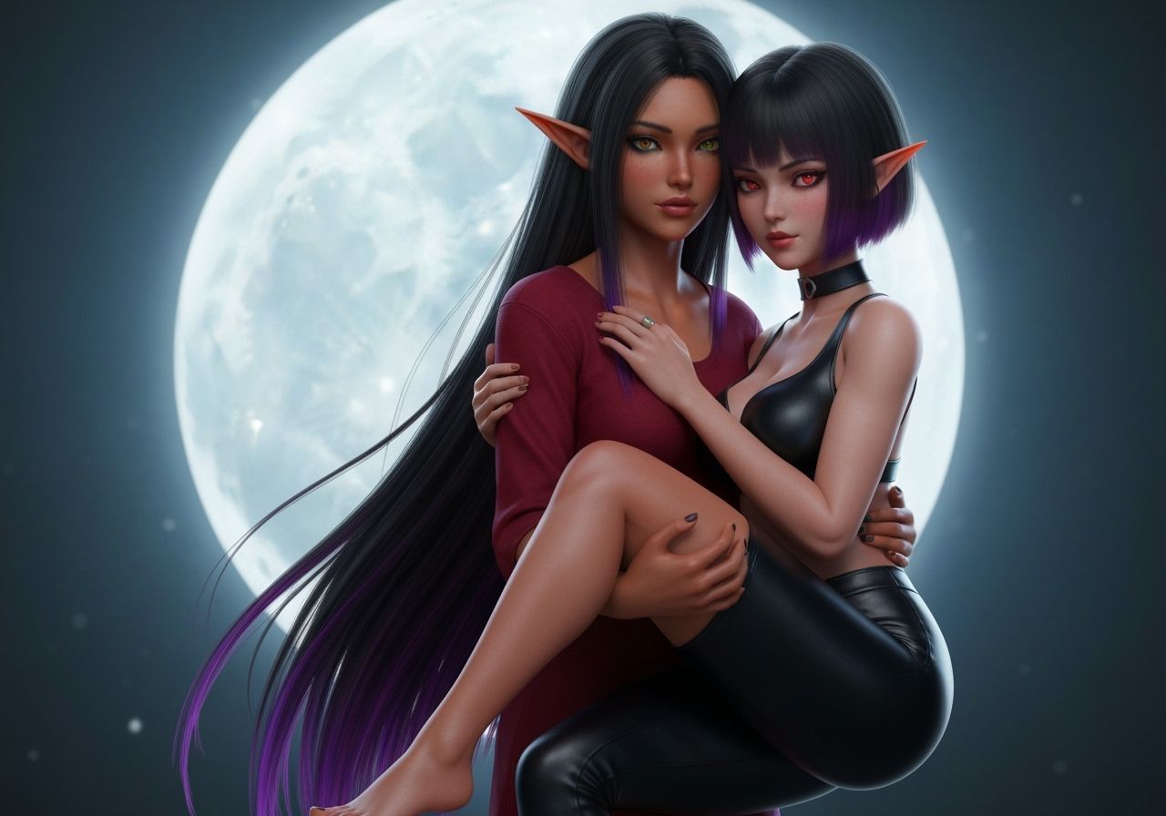 Elven Woman Embraced by Vampire Under Moonlight