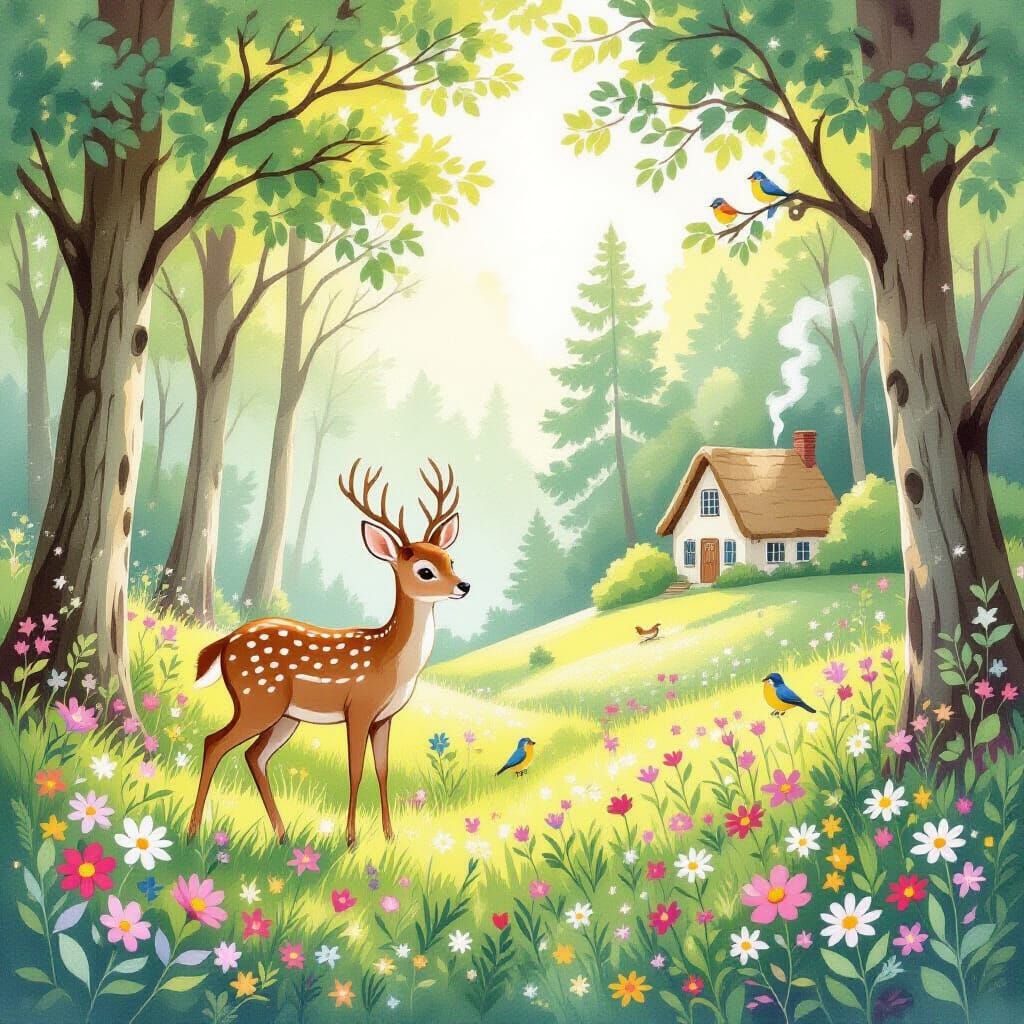 Gentle Deer in Lush Forest: Whimsical Watercolor Art