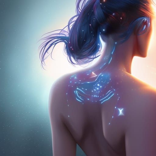 She has long dark purple hair pulled back into a ponytail, h...