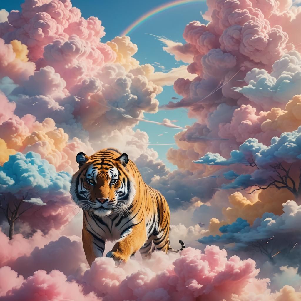 Rainbow Cloud Tiger in Magical Realism Style