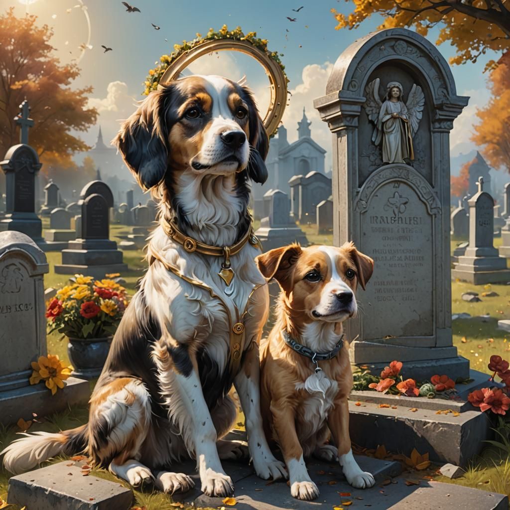 a dog with a halo flying in the air around a dog