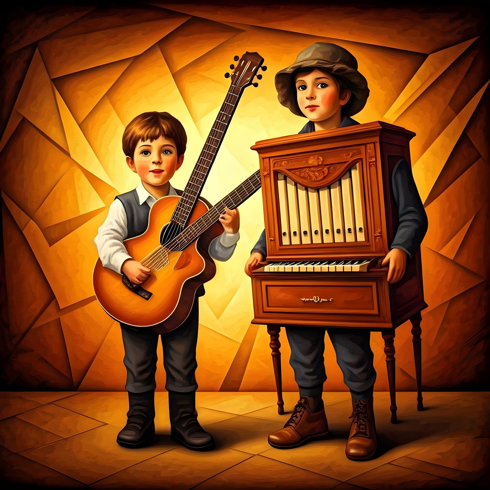 Boys Dressed as Musical Instruments in Vibrant Cubist Scene