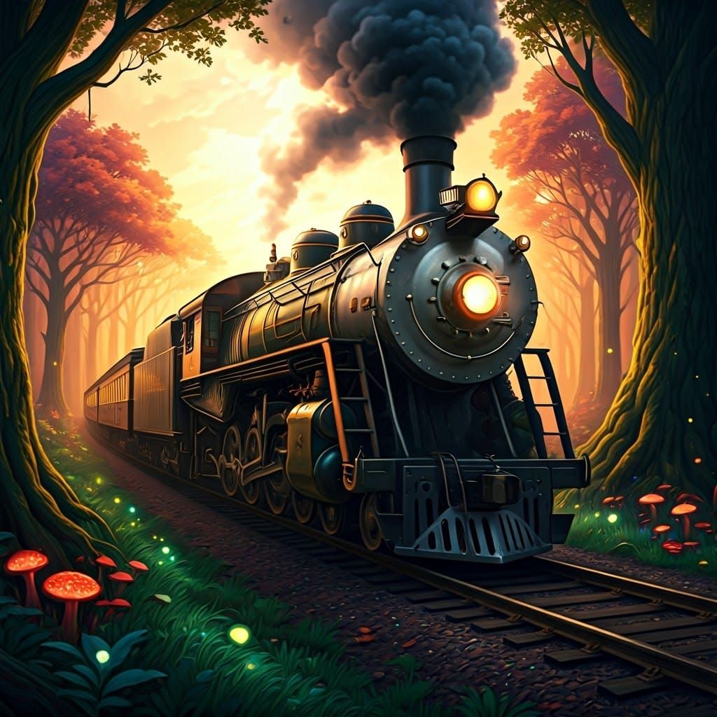 Majestic Steam-Powered Locomotive in a Fantastical Forest