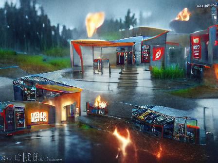 a burning gas station in the rain