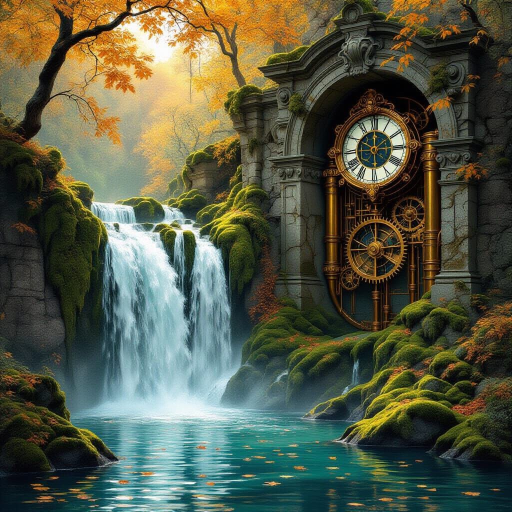 Art Nouveau. A majestic waterfall cascading over moss-covered ruins, with intricate brass pipes and gears subtly integrated into the rock fa...