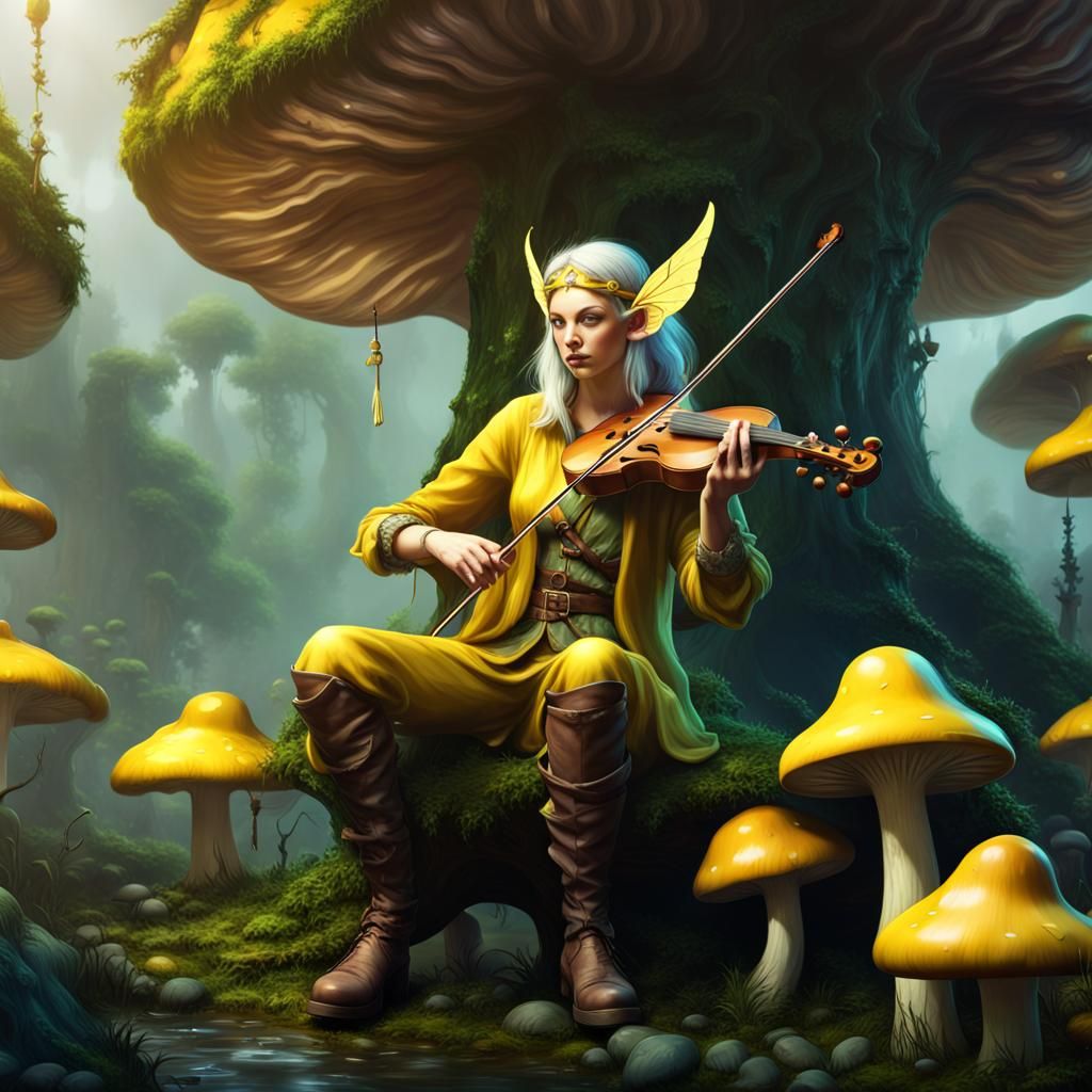 A yellow fairy floating around psychodrama playing a fiddle ...