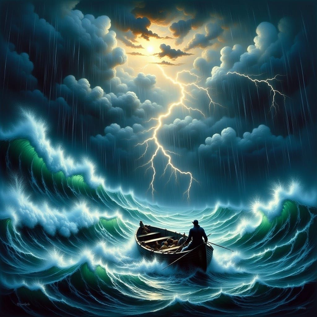 Epic cinematic shot in vibrant anticipation, TERRIFIC oil painting, brave 1940s fisherman in small fishing boat caught in severe storm, epic...