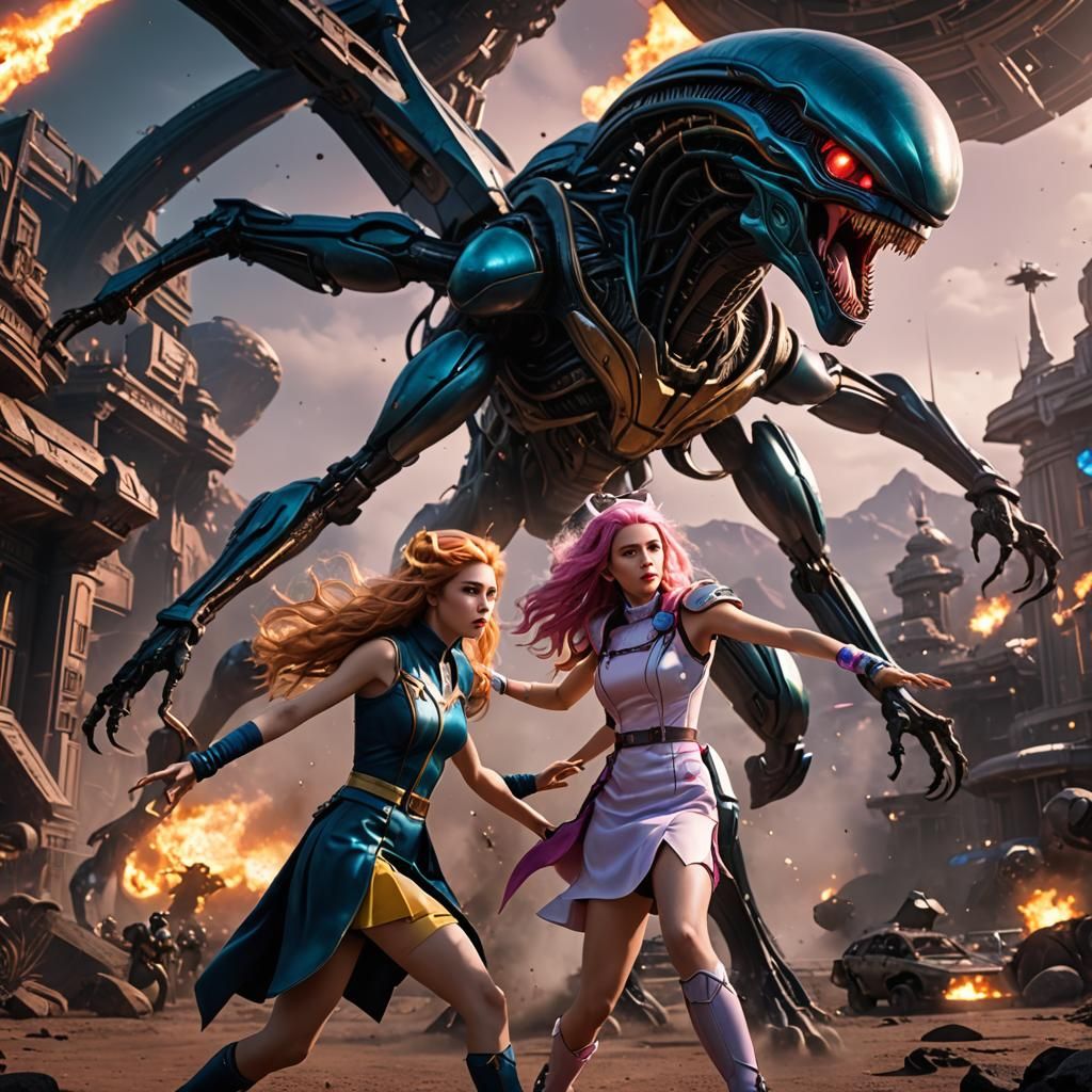 belle delphine fighting the alien from alien vs predetor in a lude style -  AI Generated Artwork - NightCafe Creator