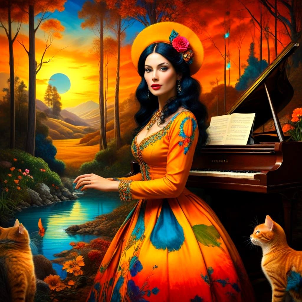 Elegant Lady in Whimsical Surreal Landscape