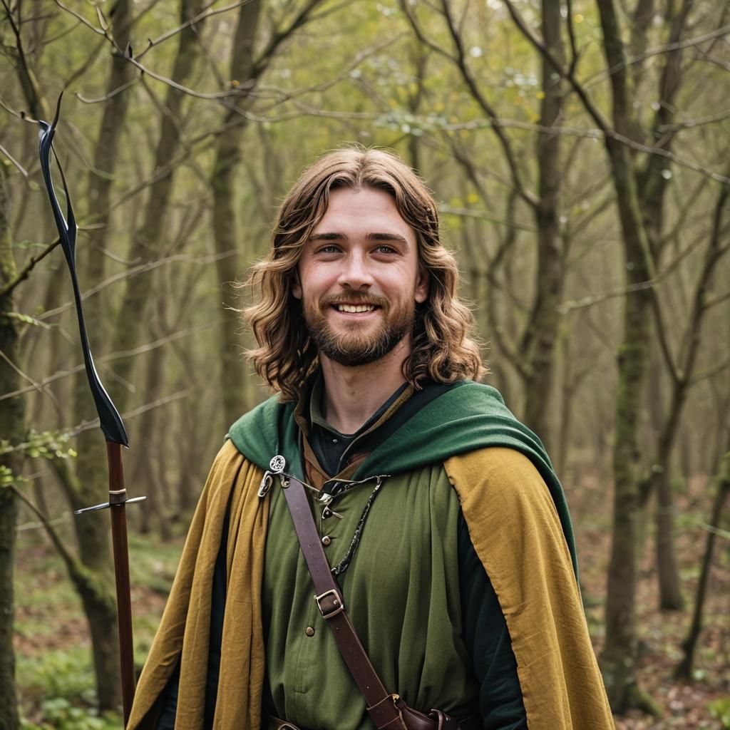 Teenage irish male ranger, green tunic, saffron cloak, green...