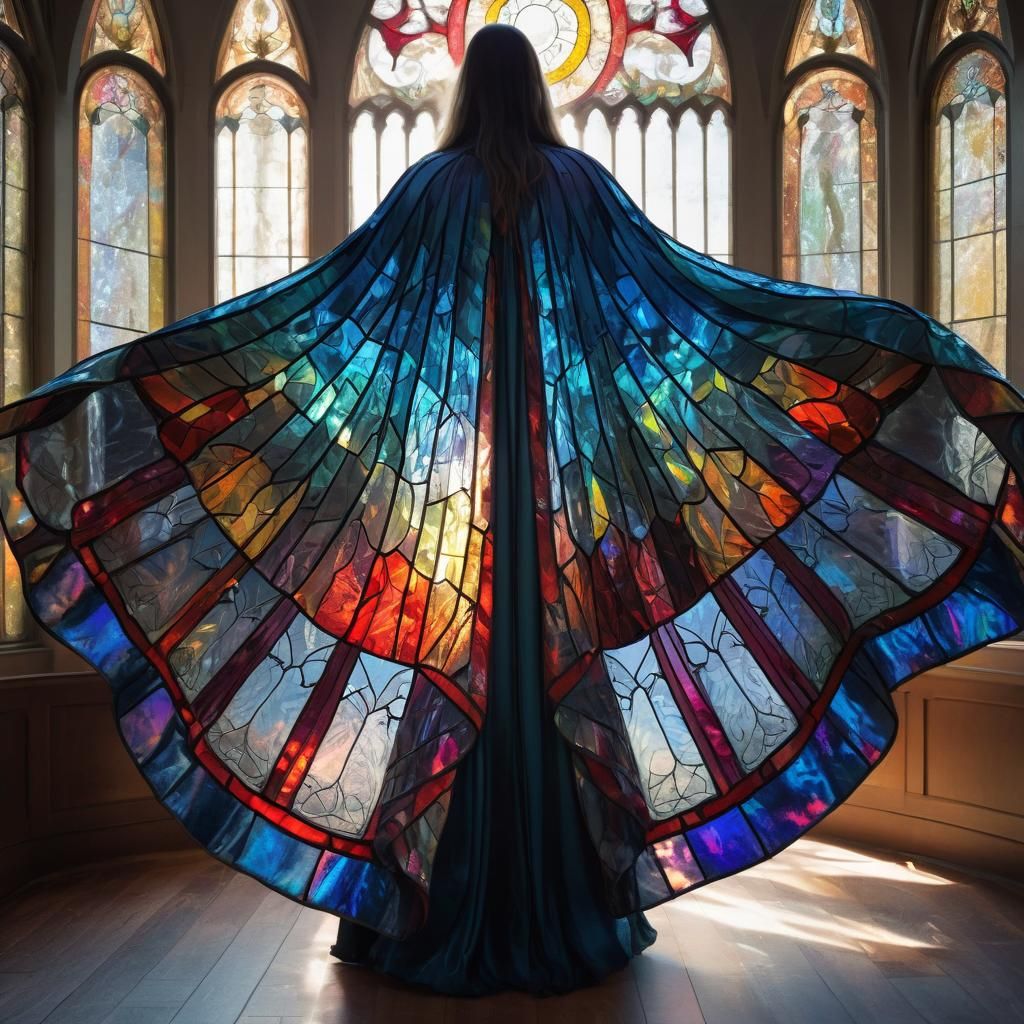 A magic cloak cape stained glass clear, intricate, detailed Brilliant, powerful. Translucent, vibrant, ...  by @Priestess