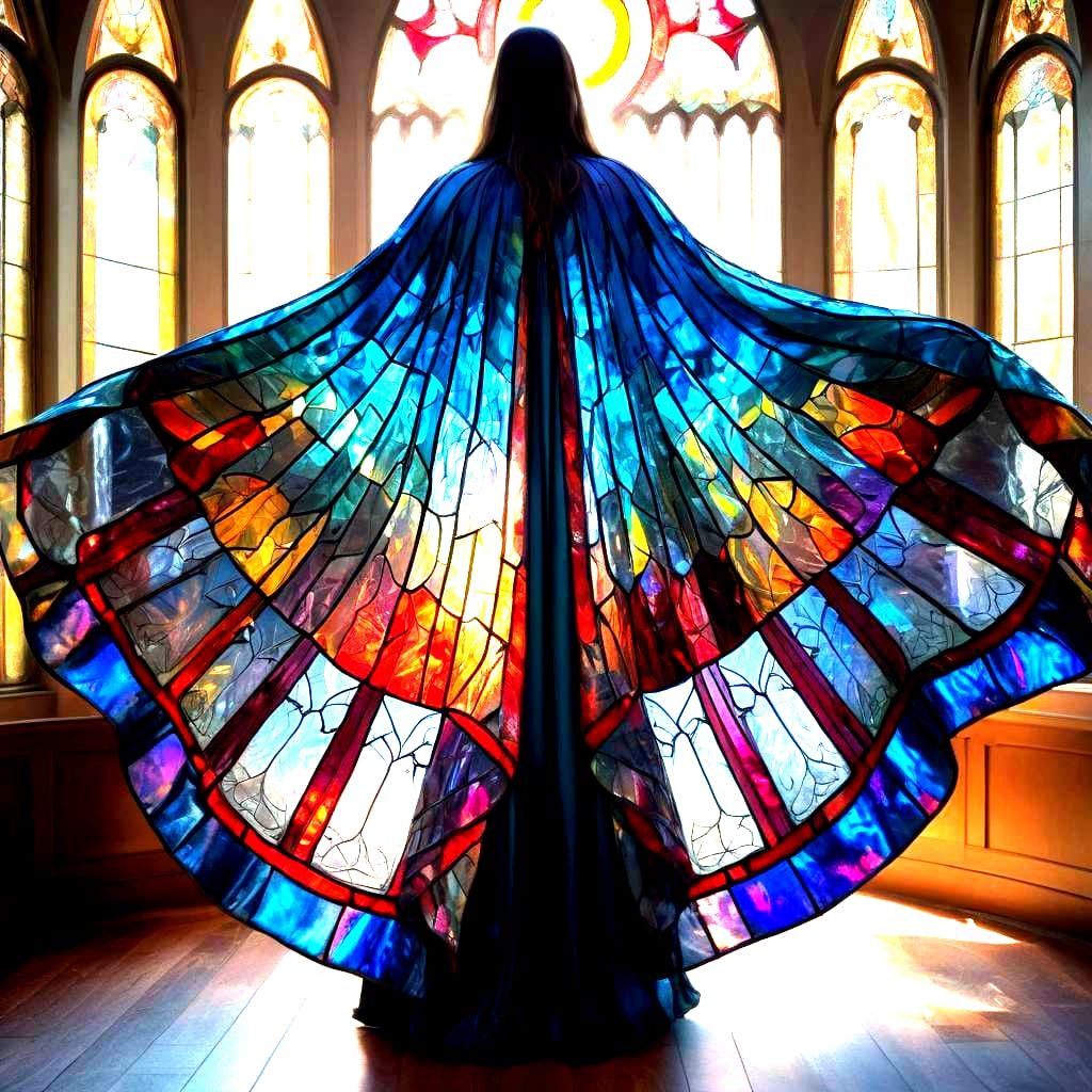 A magic cloak cape stained glass clear, intricate, detailed Brilliant, powerful. Translucent, vibrant, amazing, colorful...