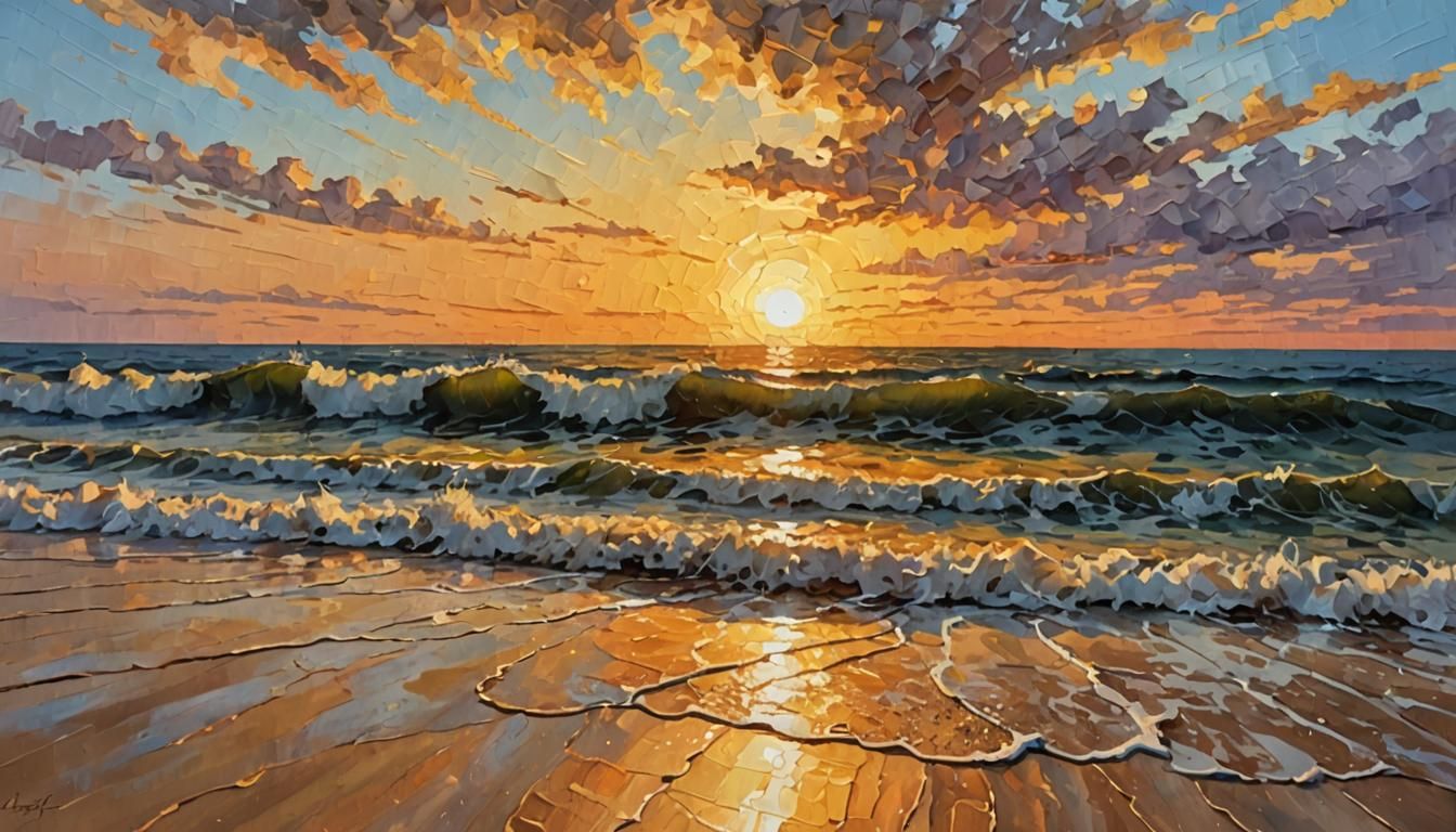 Impasto painting of a golden sunset over the beach, swells on sea - AI ...