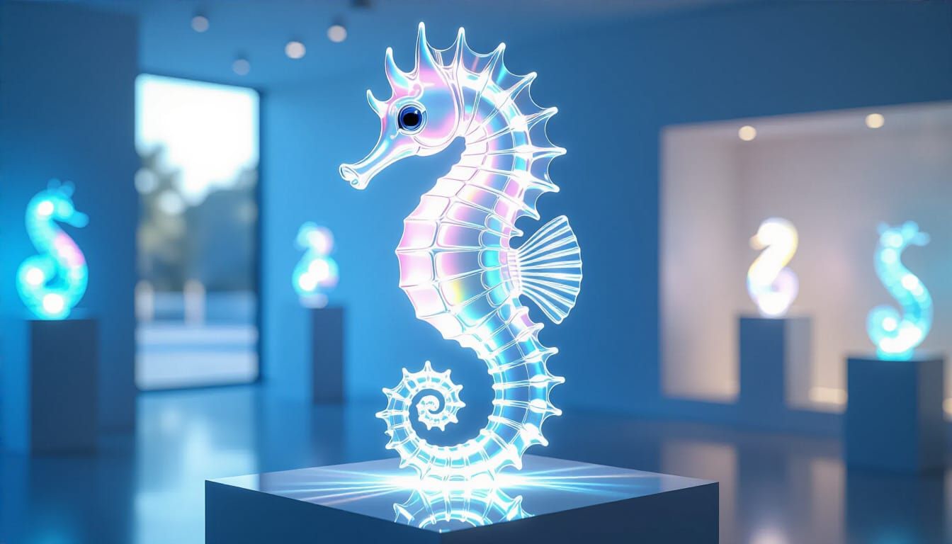 “A stunning sea glass sculpture of a seahorse, intricately detailed and illuminated by soft ocean-blue light. The transparent body reflects and ...