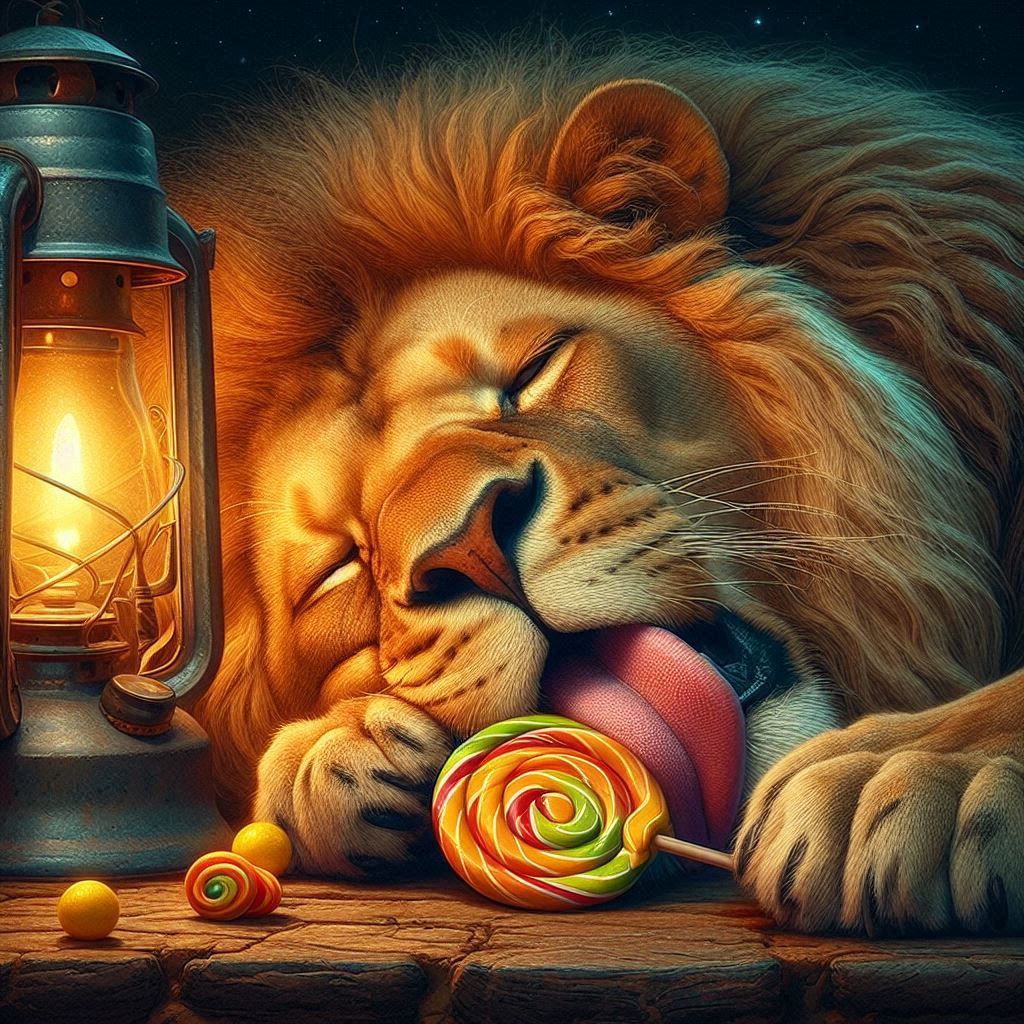 Lazy lions lie longingly, licking lemon lollipops under lant...