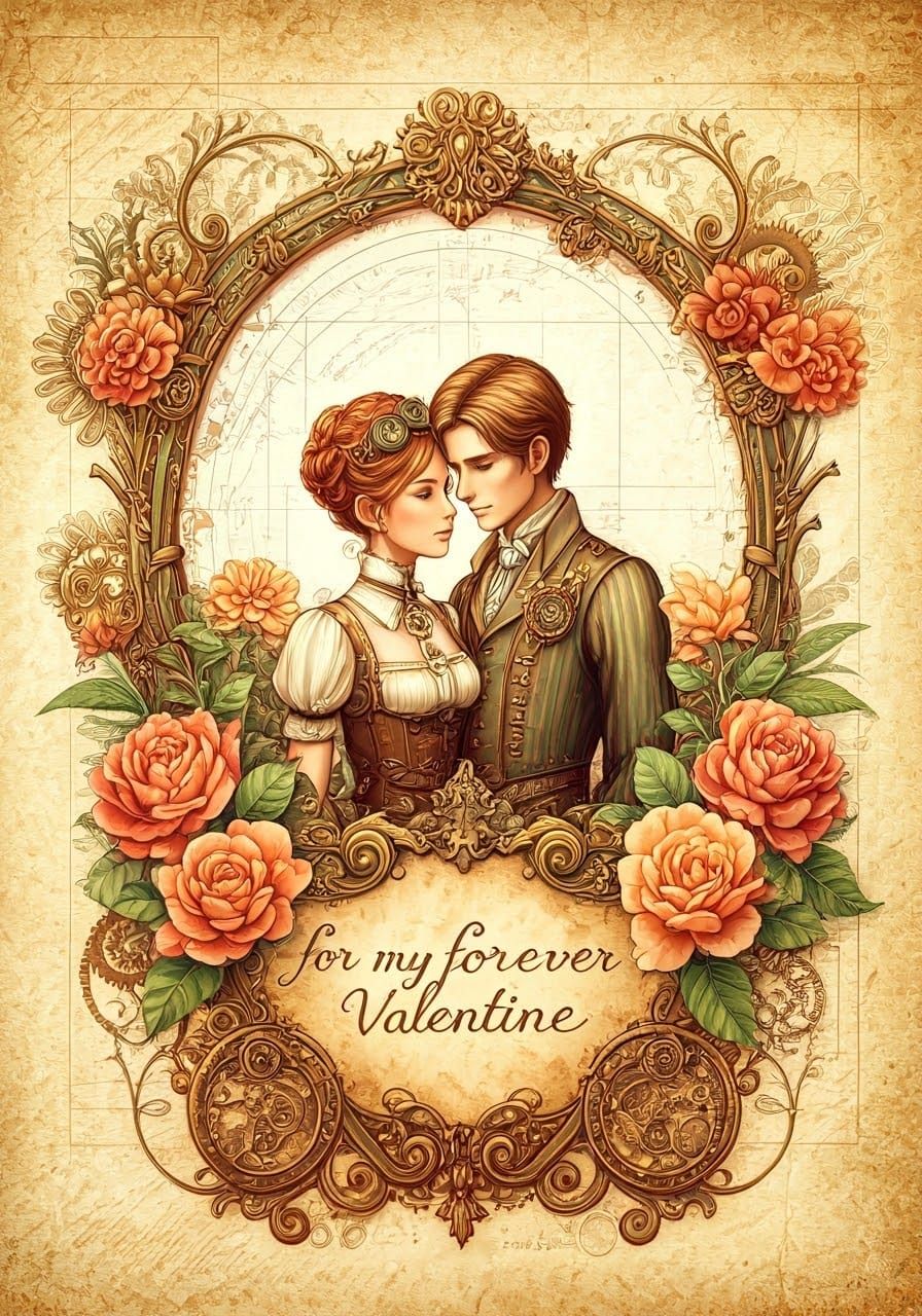 Whimsical Steampunk Garden Scene with Gentle Couple