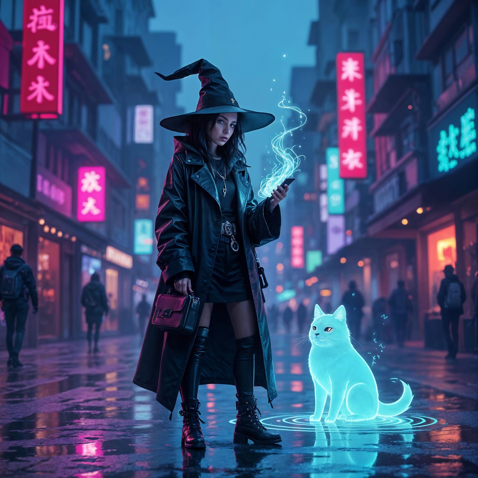 A modern witch, dressed in stylish streetwear, conjures holographic spells from her smartphone in a vibrant, ...  by @MARIUS CHIVU