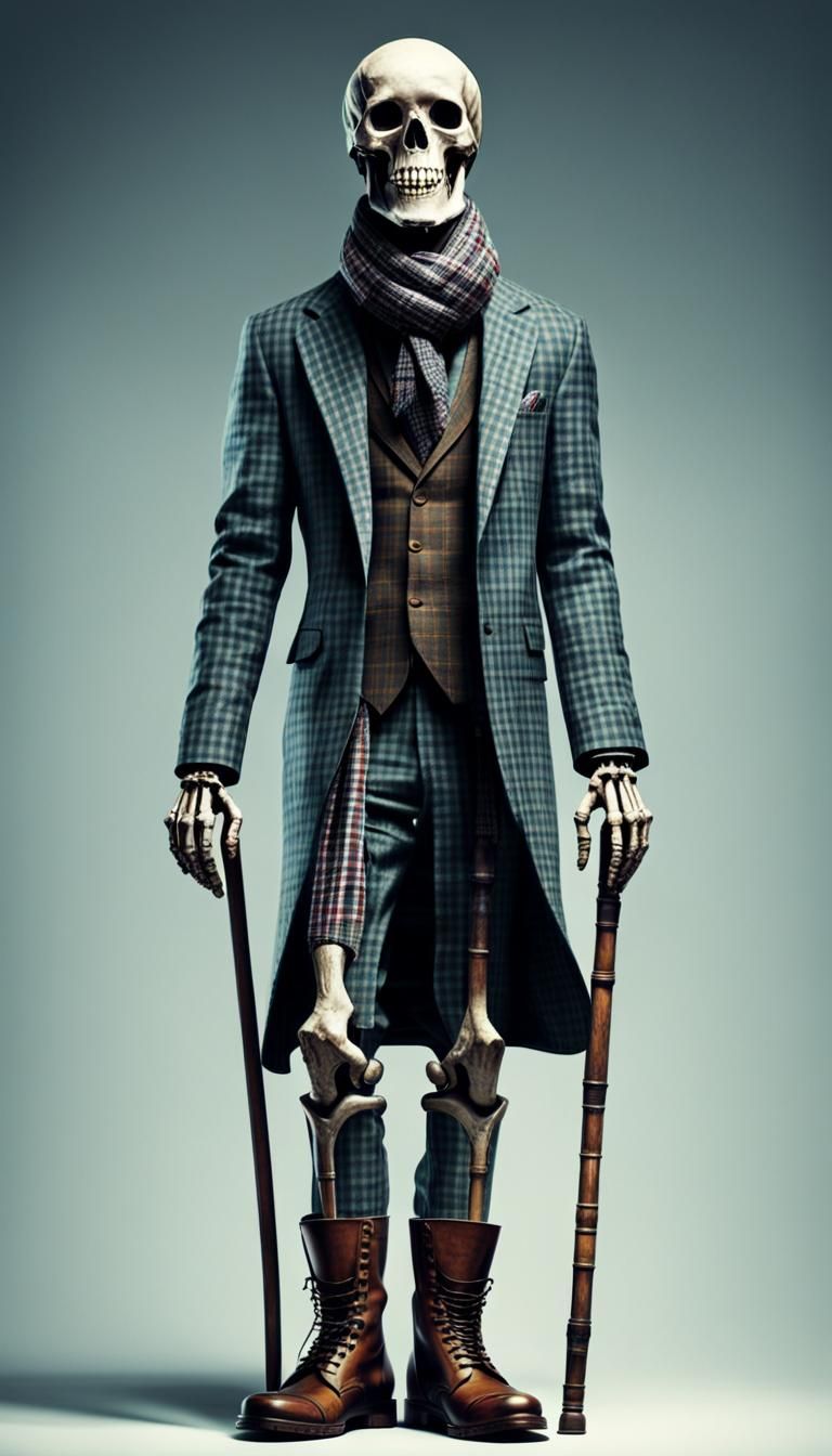 A man skeleton in a plaid suit, with a scarf around his neck...