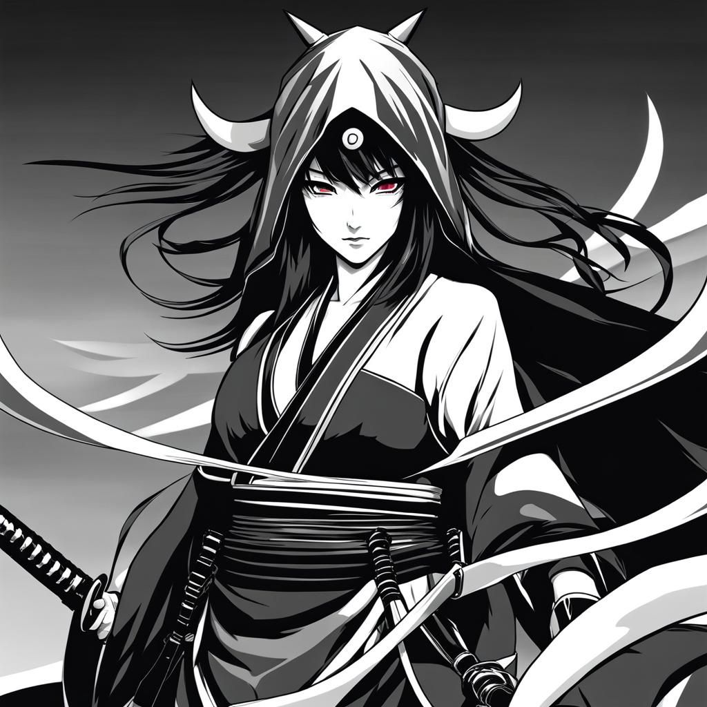 Devil woman wearing black and white assassin samurai ninja r...