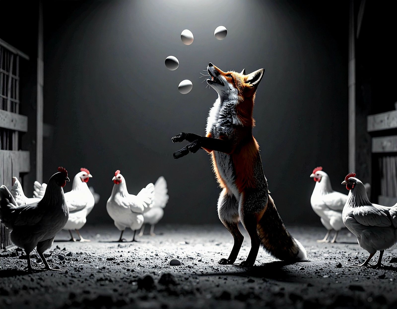 A sly fox juggling chicken eggs