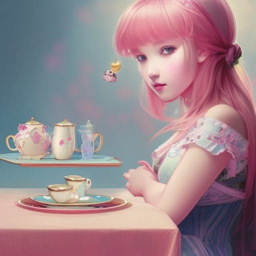 tea table with a cute girl and teddy bear pink blue cute wit...