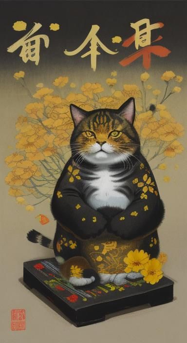 fat yellow cat and flowers / chinese poster - AI Generated Artwork ...