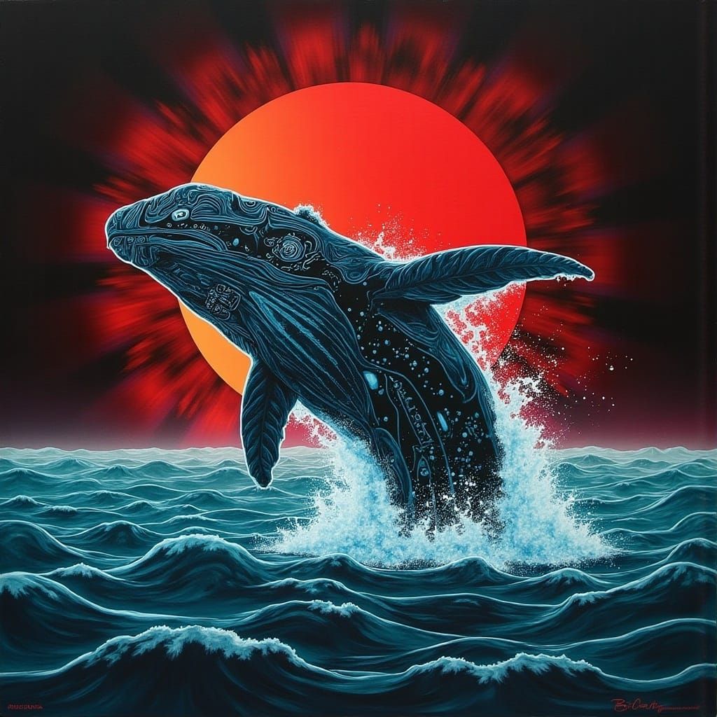 <lora:Haida Style:1.0> Haida Style picture of a whale in Black, white, teal and vermilion